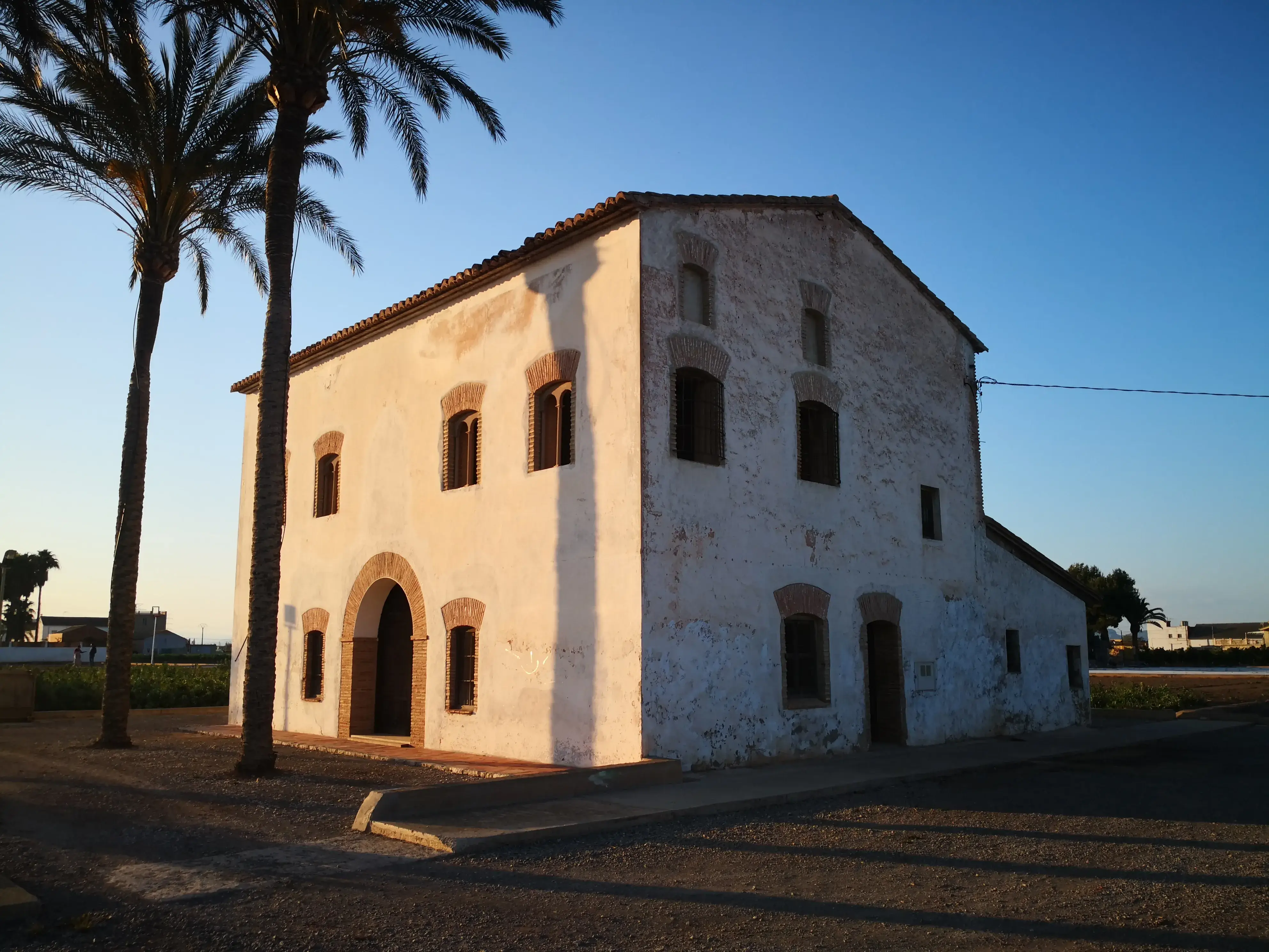 A whitewashed farmhouse among palms in the Valencian huerta